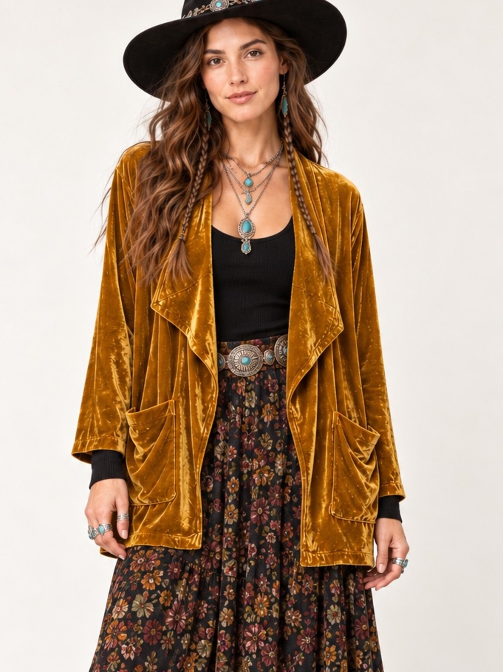Boho Chic Mustard Gold Velvet Waterfall Cardigan Jacket Size S